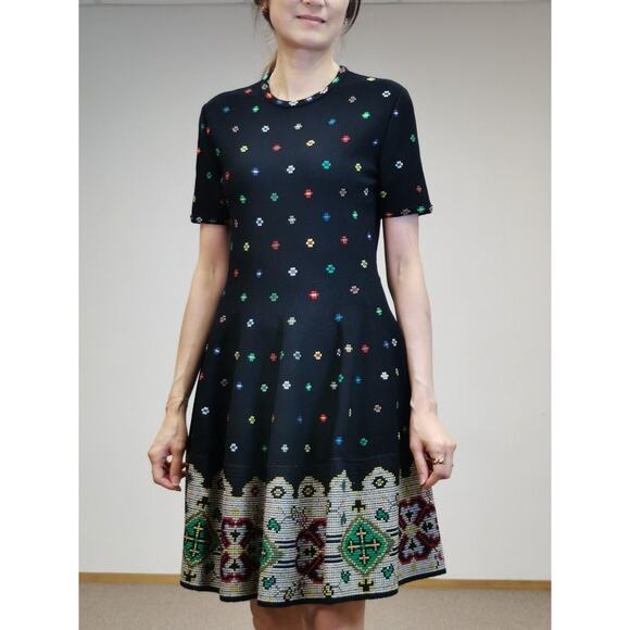 Alexander McQueen Silk Knit Intarsia Fit Flare Short Sleeve Sweater Dress S - Picture 13 of 17